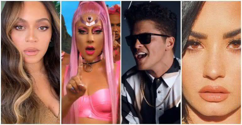 Beyoncé, Lady Gaga, Bruno Mars e Demi Lovato estão entre as principais atrações cogitadas pelos fãs para o Rock In Rio 2021 - Reprodução/Instagram/YouTube