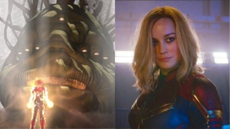 Arte conceitual de Capitã Marvel e a heroína em cena do filme - Reprodução/MarvelStudios/Disney