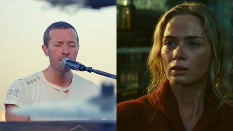 Chris Martin no clipe de Cry, Cry, Cry e Emily Blunt no trailer de Um Lugar Silencioso - Reprodução/Youtube