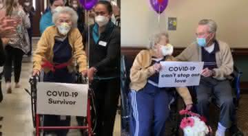 Joyce e Don Hoffman na alta da idosa após se curar do coronavírus - Twitter/Hoverwood Living