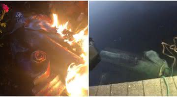 Estátua de Cristóvão Colombo é incendiada e jogada em lago por manifestantes - Reprodução/Twitter