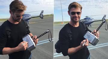 Chris Hemsworth autografa martelo do Thor para que o objeto seja leiloado. - Reprodução/Twitter