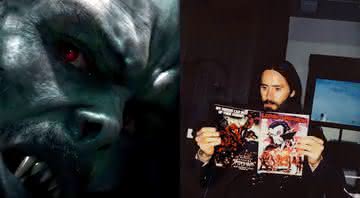 Jared Leto como Morbius e em postagem no Twitter - Reprodução/YouTube/Twitter