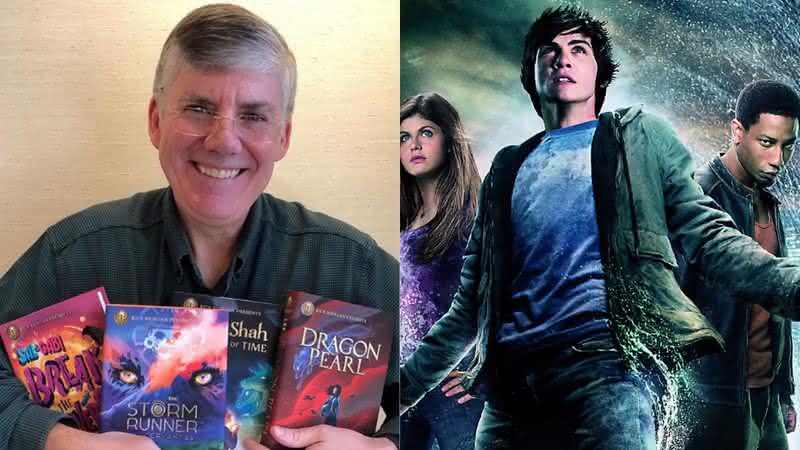 Rick Riordian com alguns de seus livros e personagens do filme de Percy Jackson - Instagram/Divulgação/20th Century Fox