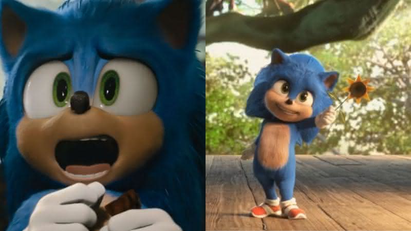 Sonic em trailer do filme e Baby Sonic em trailer japonês do longa - Divulgação/Sony Pictures