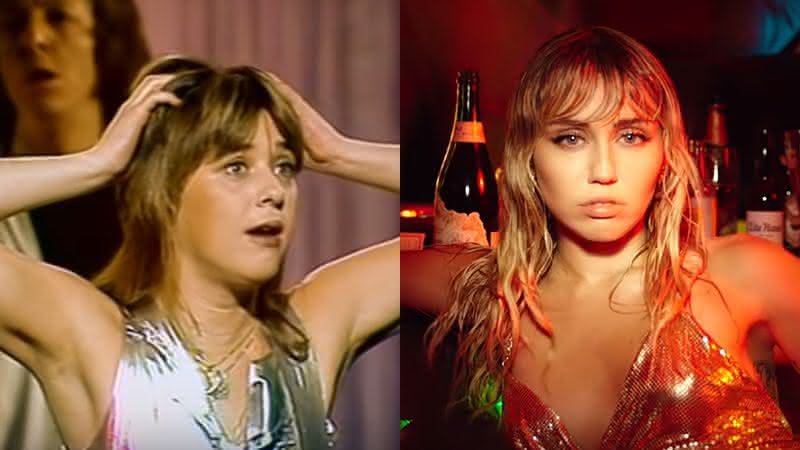 Suzi Quatro em 1978 e Miley Cyrus no clipe de Slide Away - Reorodução/Youtube