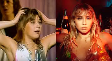Suzi Quatro em 1978 e Miley Cyrus no clipe de Slide Away - Reorodução/Youtube