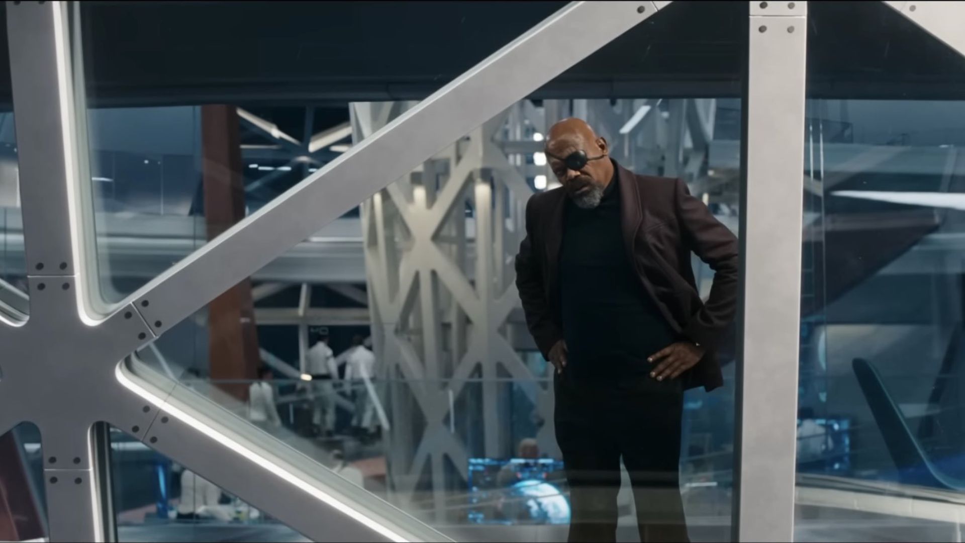 Nick Fury (Samuel L. Jackson) atuando na estação espacial S.A.B.E.R., nova organização do Universo Cinematográfico da Marvel (Foto: Reprodução/Marvel Studios)