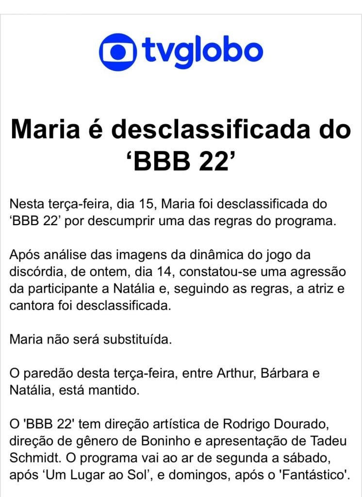 Comunicado emitido pela Rede Globo sobre a desclassificação de Maria